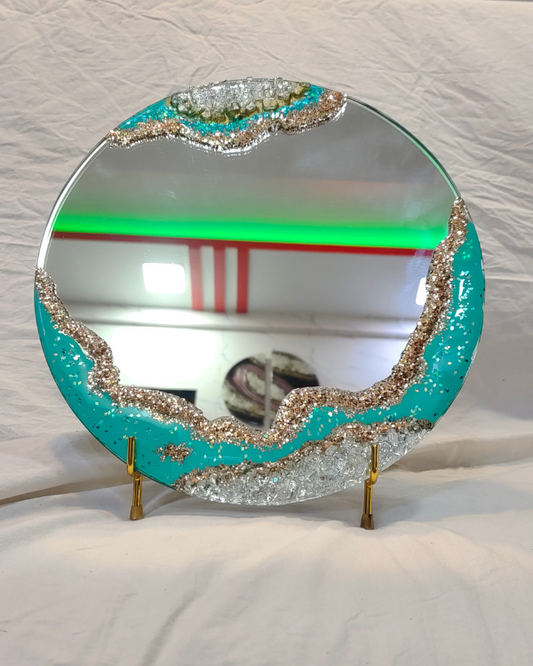 Aqua Geode Luxe — 12x12 Inch Resin Art Table Mirror with Stand